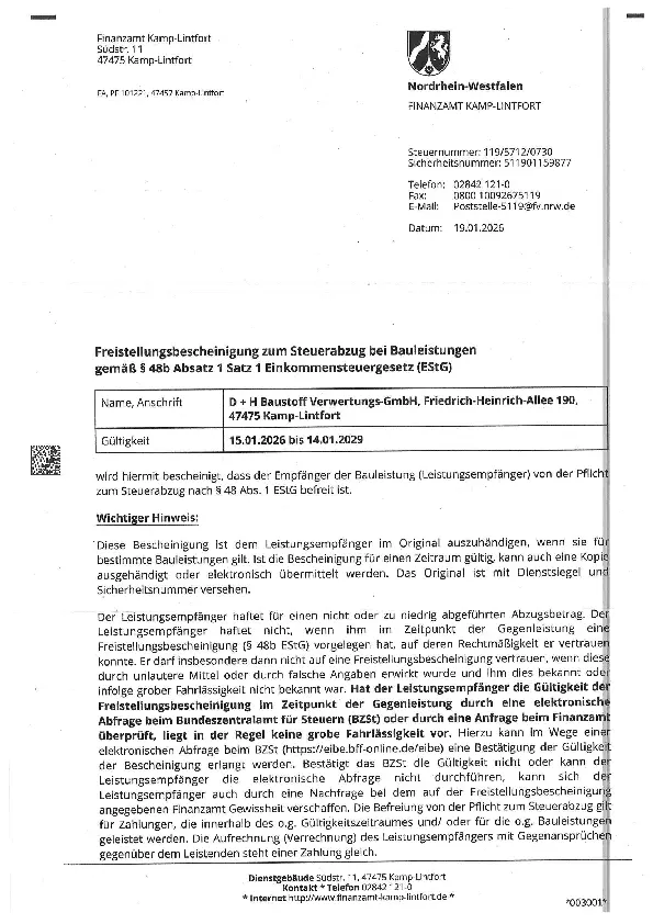 Titelseite zum Dokument Freistellungsbescheinigung gültig bis 14.01.2029